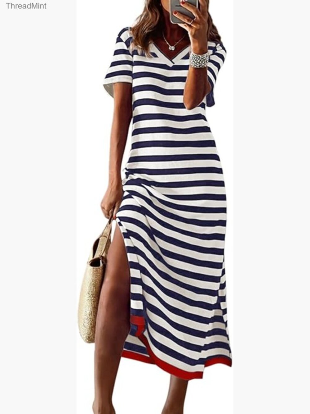Maxi Dress V-Neck Split Side Striped Loose Fit Summer Casual